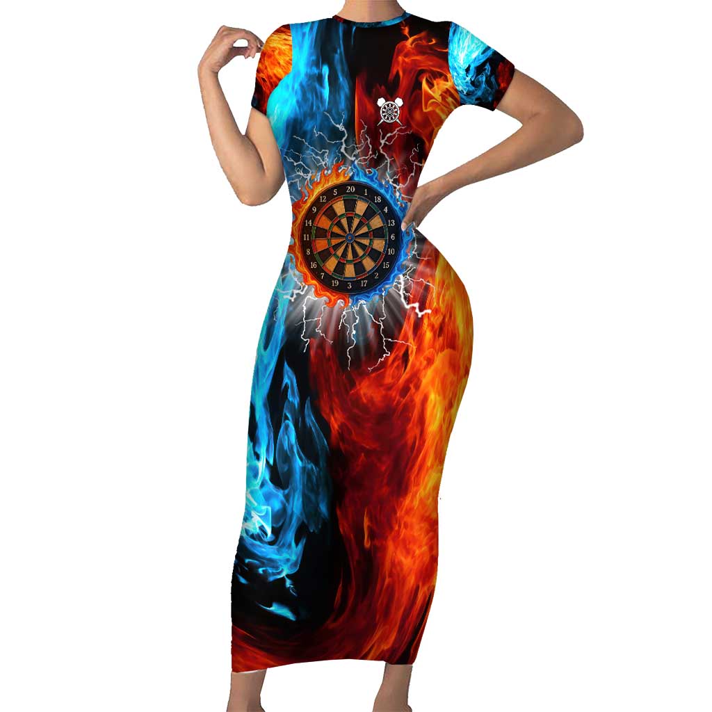 Custom Thunder Lightning Darts Short Sleeve Bodycon Dress Dartboard Water Fire - Wonder Print Shop
