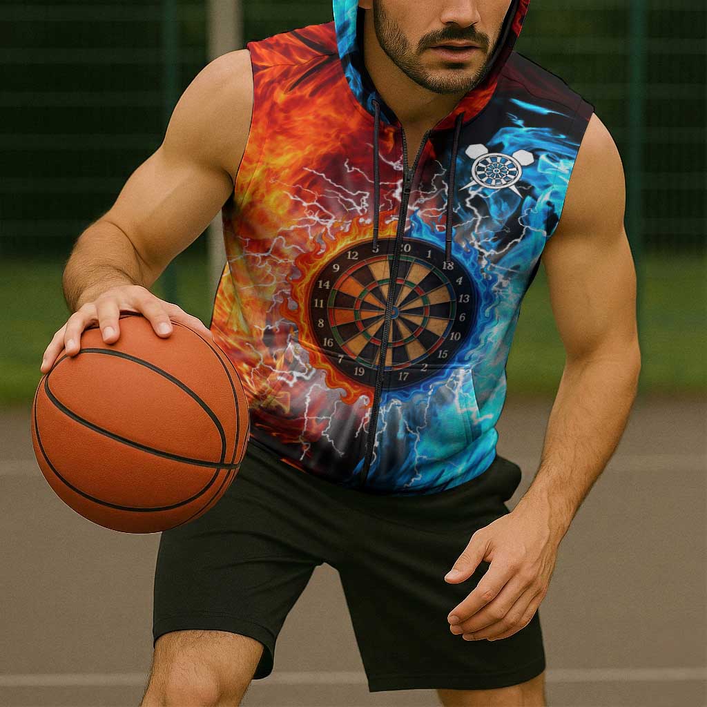 Custom Thunder Lightning Darts Sleeveless Zip Hoodie Dartboard Water Fire - Wonder Print Shop