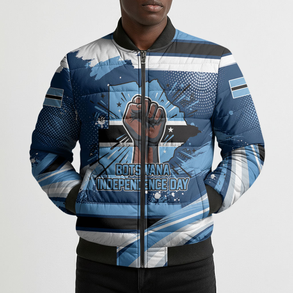 Botswana Independence Day Bomber Puffer Jacket Raised Fist Map Graphic With National Coat Of Arms