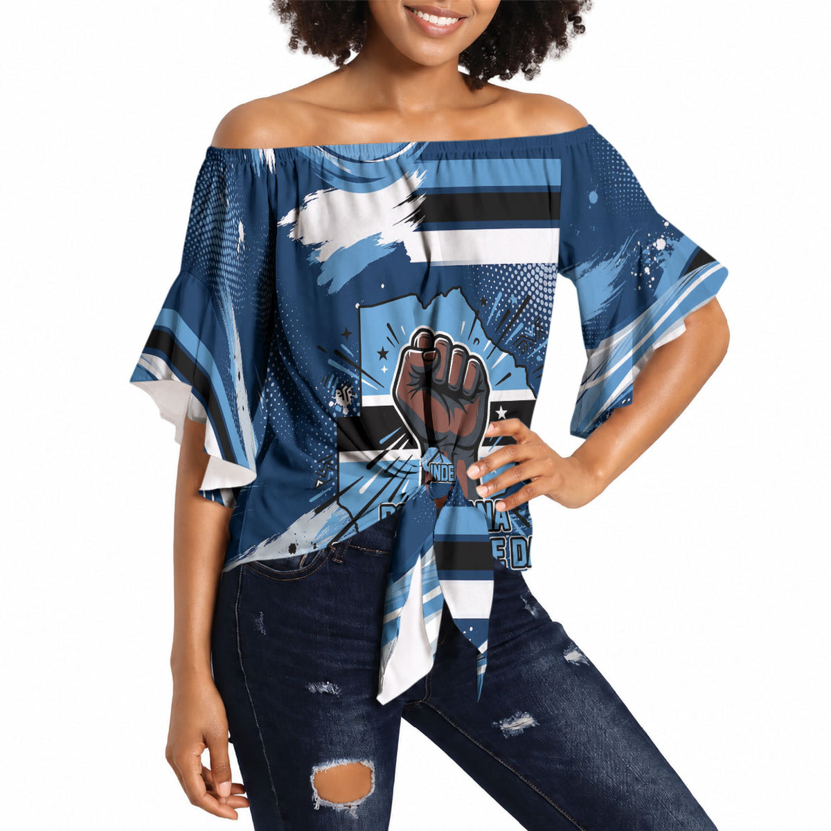 Botswana Independence Day Off Shoulder Wrap Waist Top Raised Fist Map Graphic With National Coat Of Arms