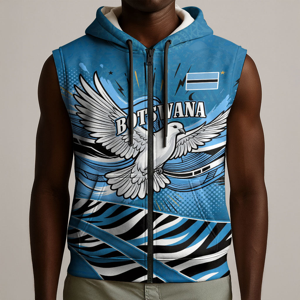 Botswana Independence Day Sleeveless Zip Hoodie Flying Dove Graphic Zebra Portrait Flag Map