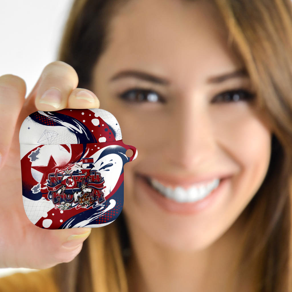 North Korea Flag Day Rise With The Flag AirPods Case Dynamic Red Star Paint Splatter With Tiger