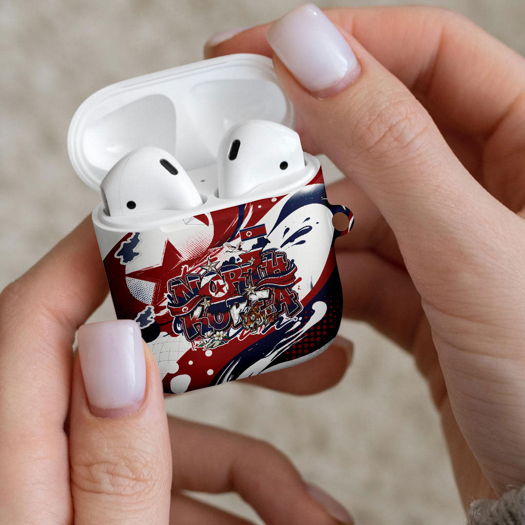 North Korea Flag Day Rise With The Flag AirPods Case Dynamic Red Star Paint Splatter With Tiger