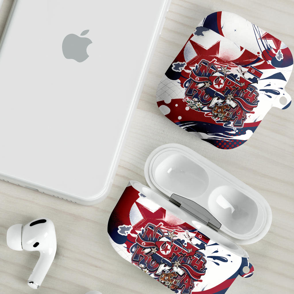 North Korea Flag Day Rise With The Flag AirPods Case Dynamic Red Star Paint Splatter With Tiger