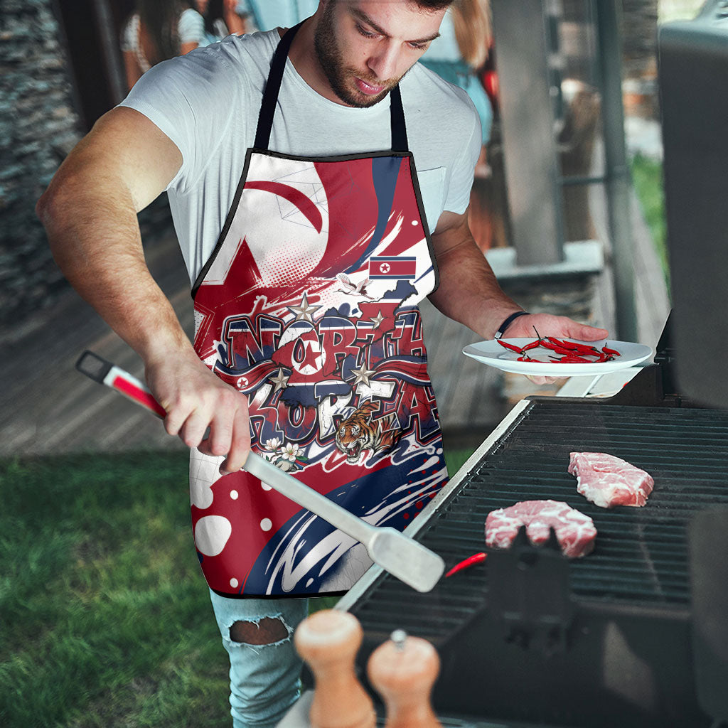 North Korea Flag Day Rise With The Flag Apron Dynamic Red Star Paint Splatter With Tiger