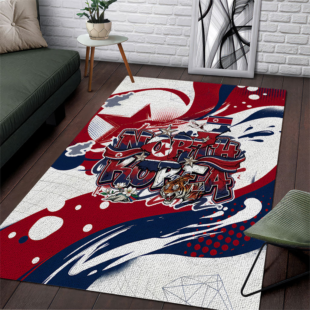North Korea Flag Day Rise With The Flag Area Rug Dynamic Red Star Paint Splatter With Tiger