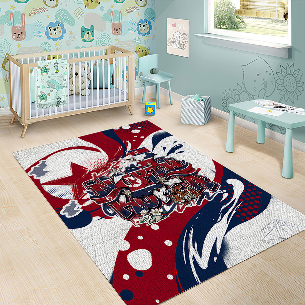 North Korea Flag Day Rise With The Flag Area Rug Dynamic Red Star Paint Splatter With Tiger