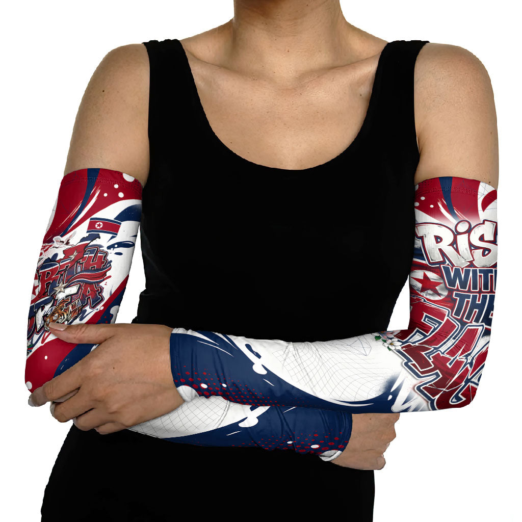 North Korea Flag Day Rise With The Flag Arm Sleeves Dynamic Red Star Paint Splatter With Tiger