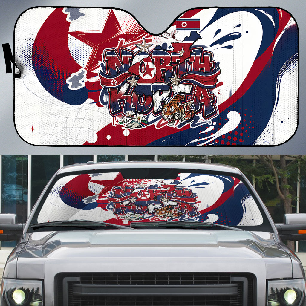 North Korea Flag Day Rise With The Flag Auto Sun Shade Dynamic Red Star Paint Splatter With Tiger