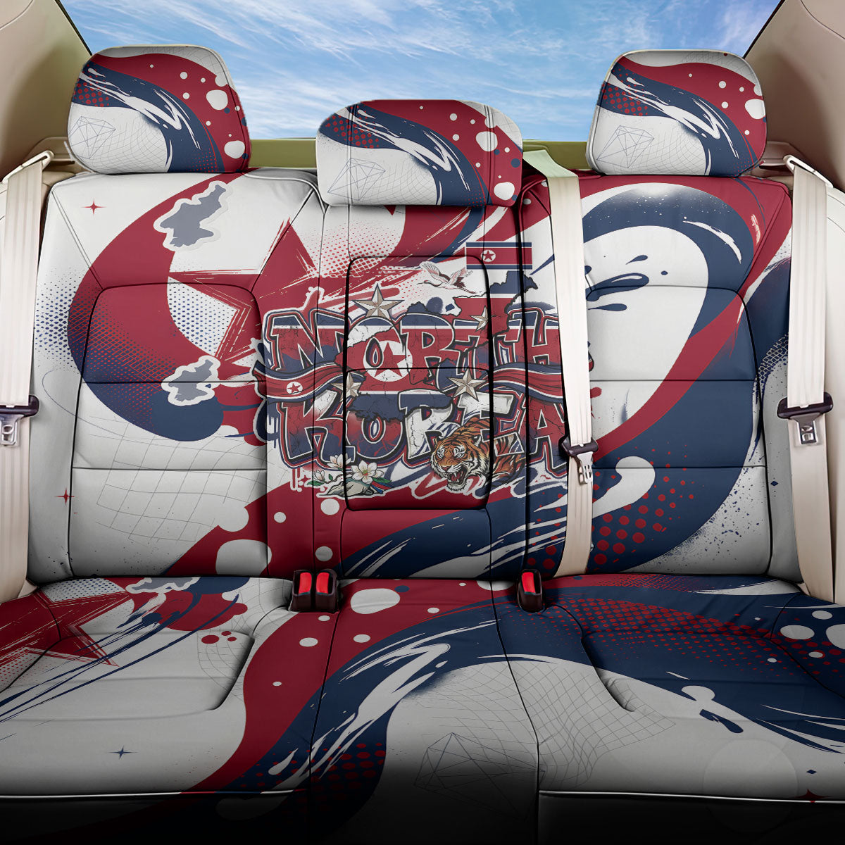 North Korea Flag Day Rise With The Flag Back Car Seat Cover Dynamic Red Star Paint Splatter With Tiger