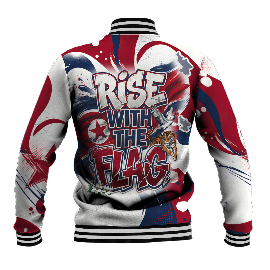 North Korea Flag Day Rise With The Flag Baseball Jacket Dynamic Red Star Paint Splatter With Tiger