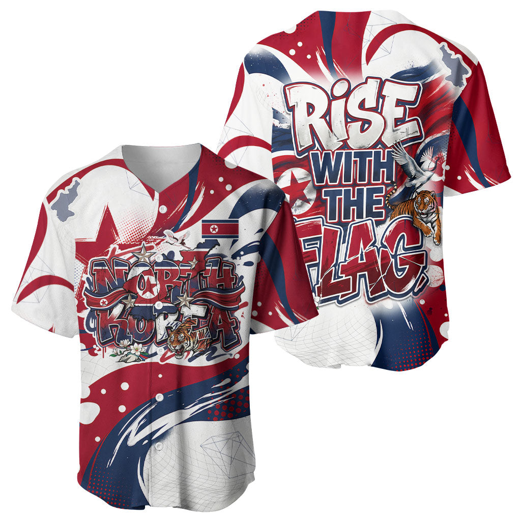 North Korea Flag Day Rise With The Flag Baseball Jersey Dynamic Red Star Paint Splatter With Tiger