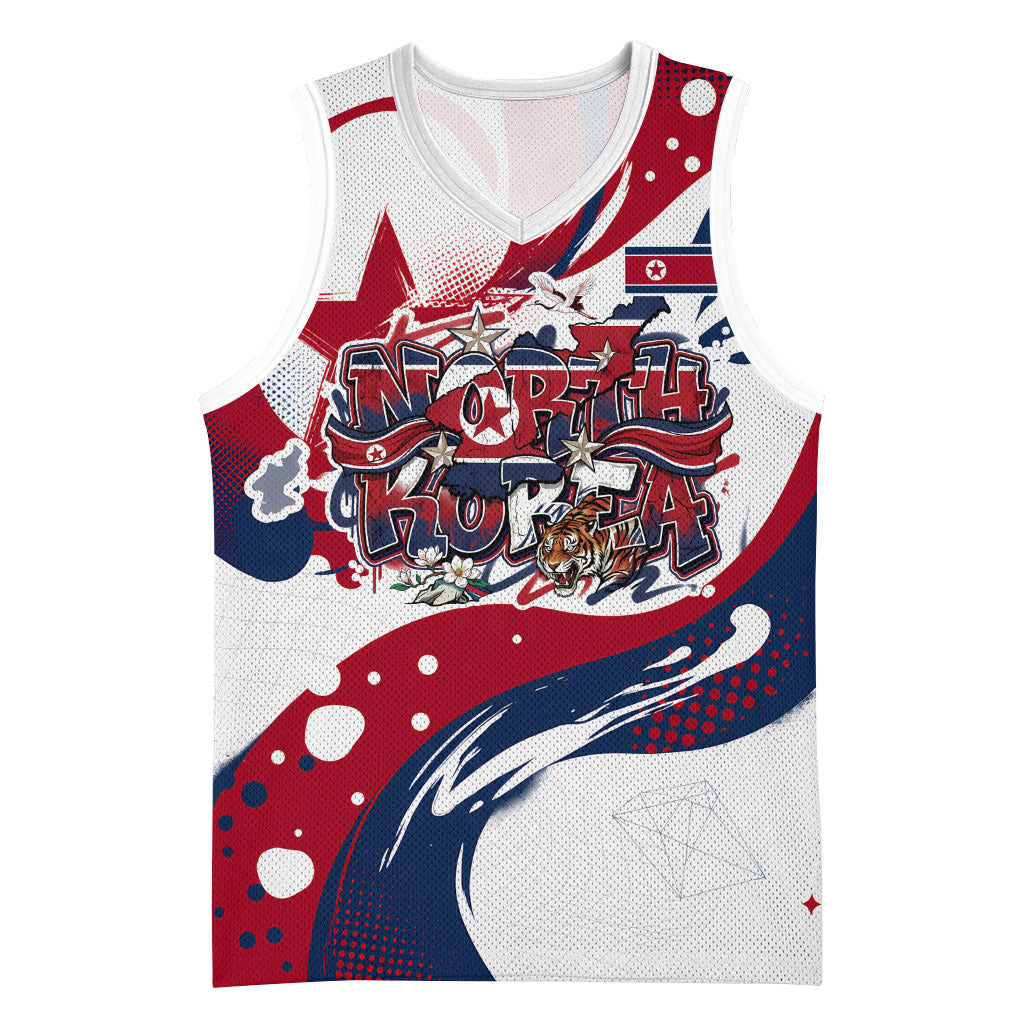 North Korea Flag Day Rise With The Flag Basketball Jersey Dynamic Red Star Paint Splatter With Tiger