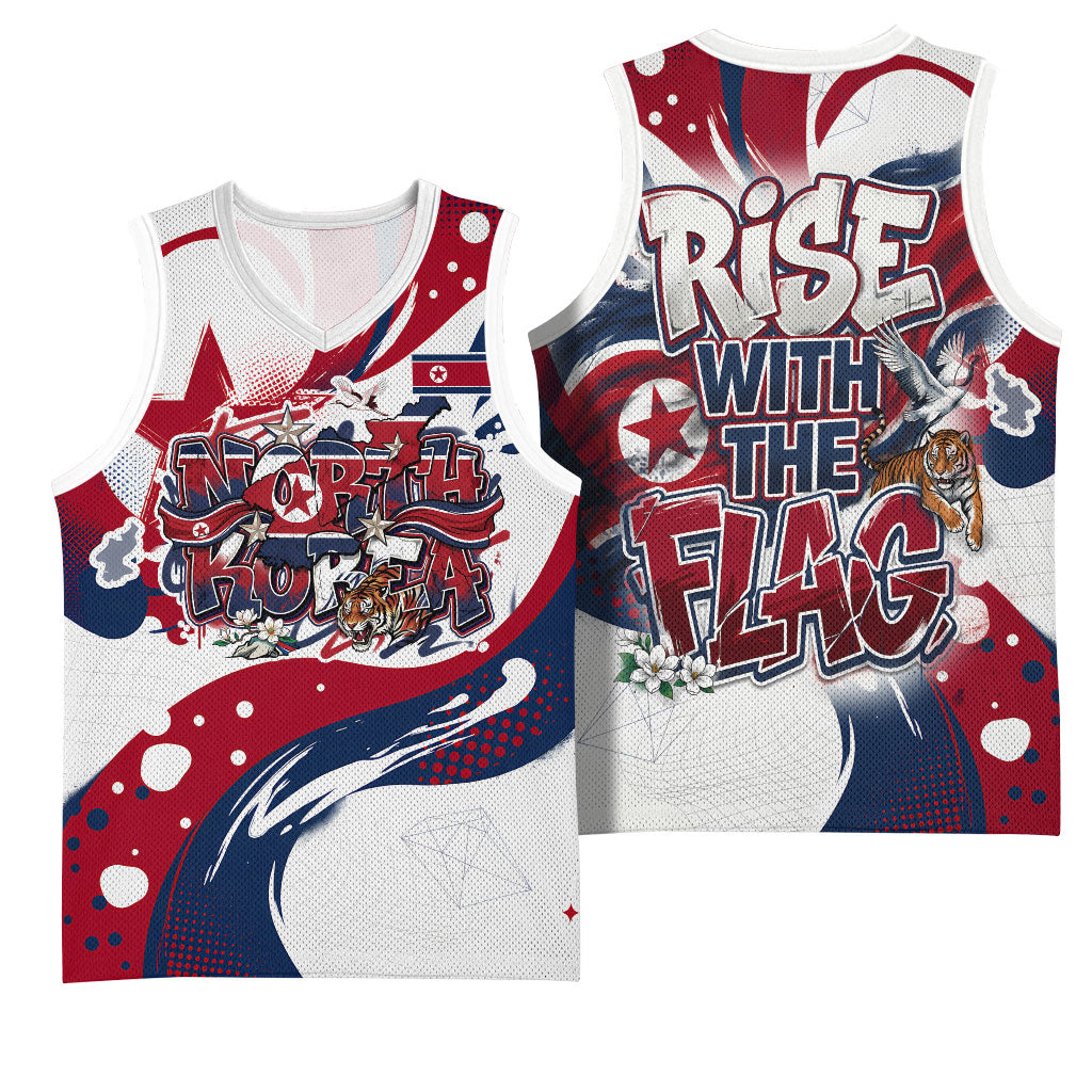 North Korea Flag Day Rise With The Flag Basketball Jersey Dynamic Red Star Paint Splatter With Tiger