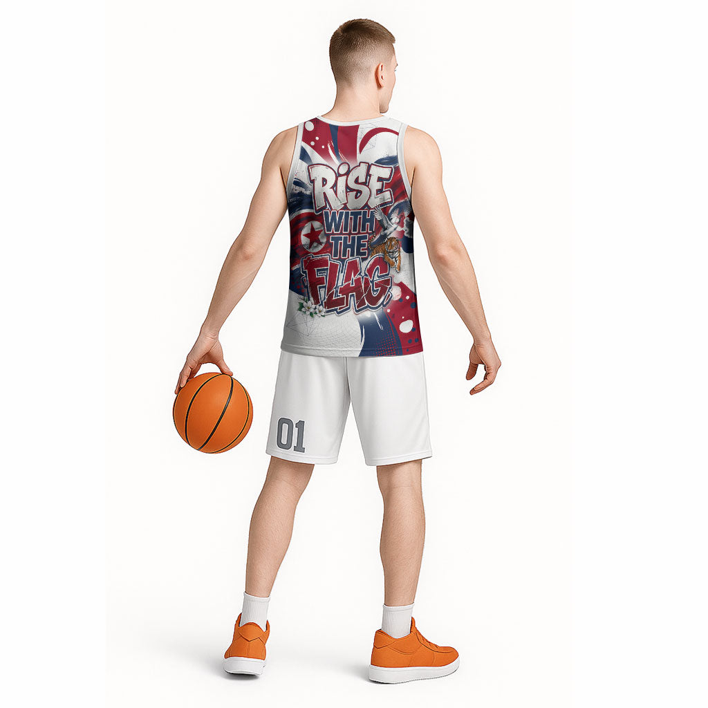 North Korea Flag Day Rise With The Flag Basketball Jersey Dynamic Red Star Paint Splatter With Tiger