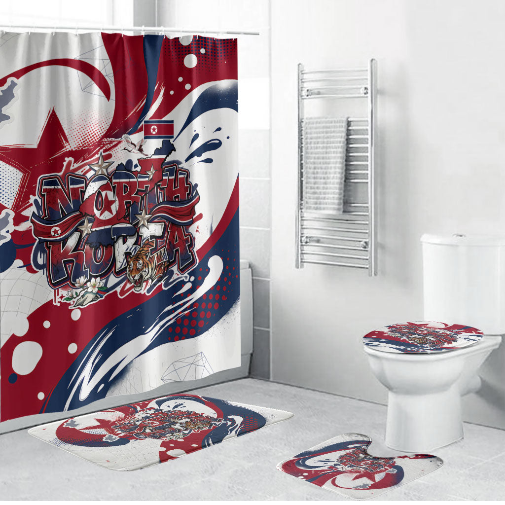 North Korea Flag Day Rise With The Flag Bathroom Set Dynamic Red Star Paint Splatter With Tiger