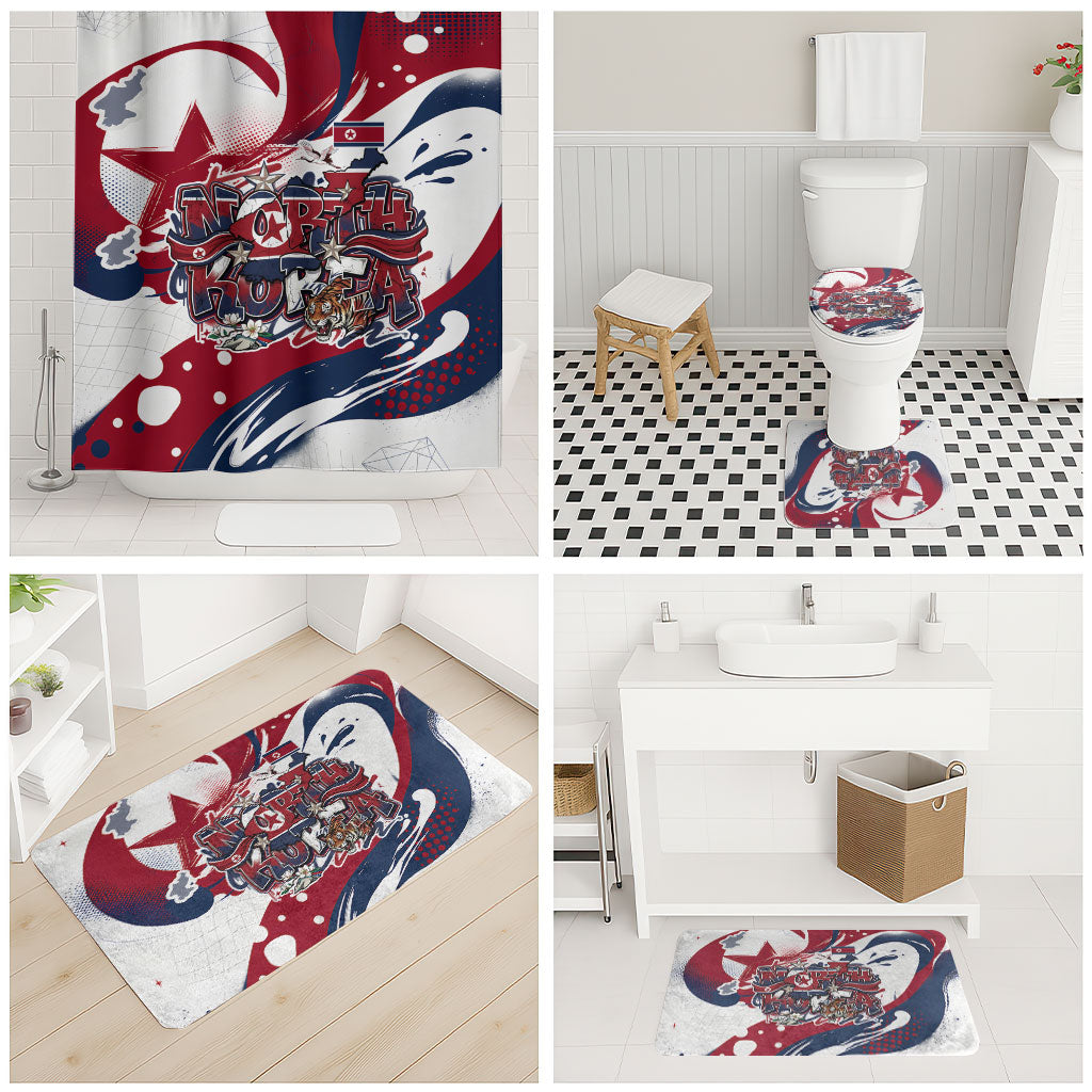North Korea Flag Day Rise With The Flag Bathroom Set Dynamic Red Star Paint Splatter With Tiger