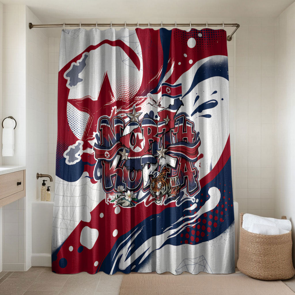 North Korea Flag Day Rise With The Flag Bathroom Set Dynamic Red Star Paint Splatter With Tiger