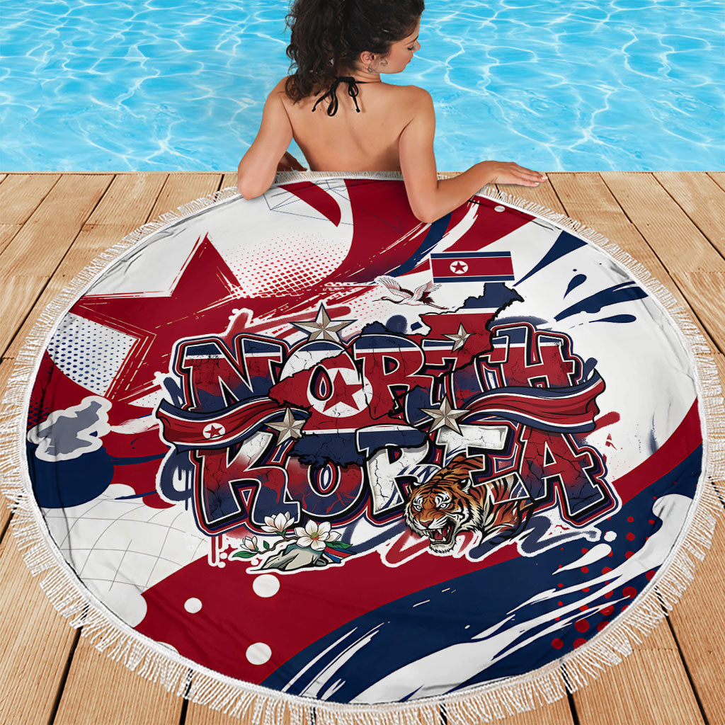 North Korea Flag Day Rise With The Flag Beach Blanket Dynamic Red Star Paint Splatter With Tiger