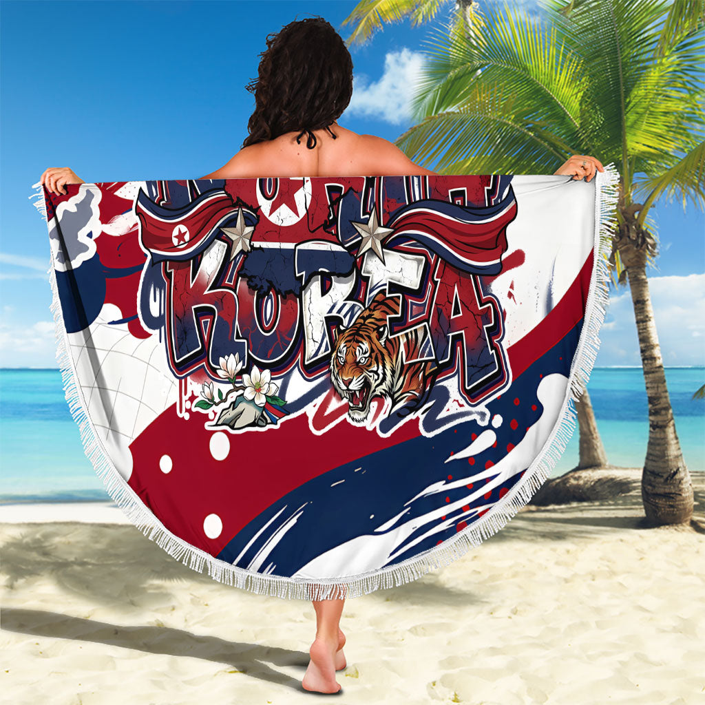 North Korea Flag Day Rise With The Flag Beach Blanket Dynamic Red Star Paint Splatter With Tiger