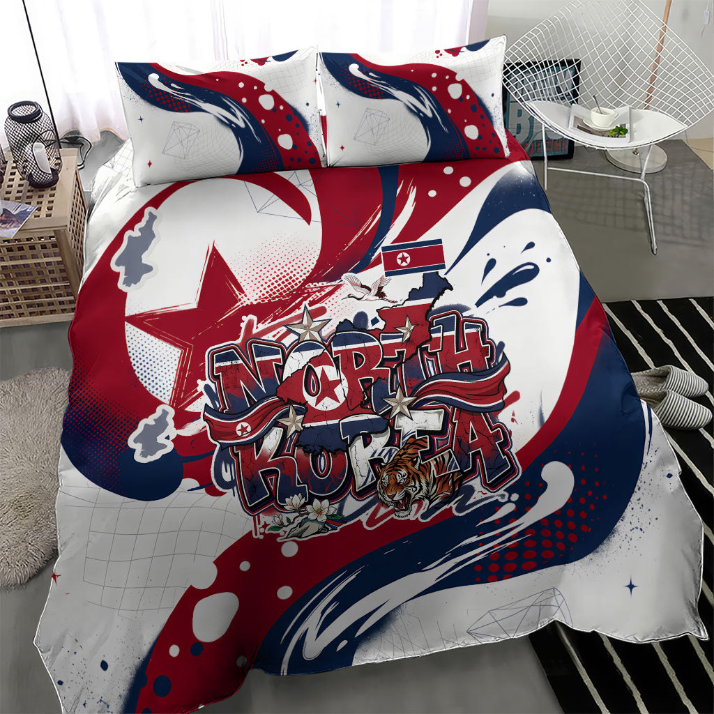 North Korea Flag Day Rise With The Flag Bedding Set Dynamic Red Star Paint Splatter With Tiger