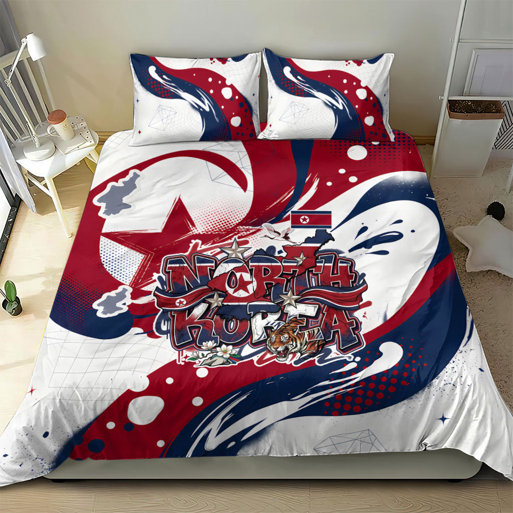 North Korea Flag Day Rise With The Flag Bedding Set Dynamic Red Star Paint Splatter With Tiger