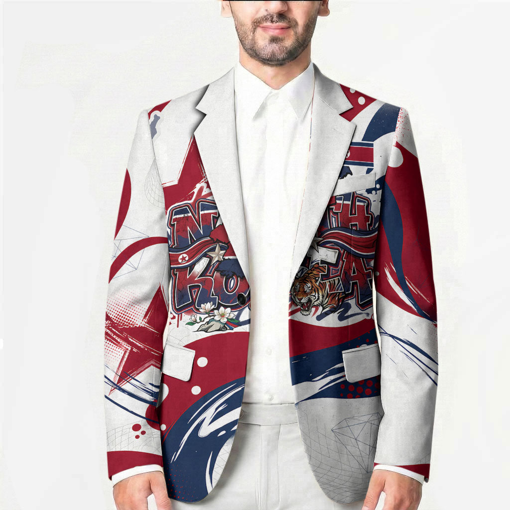 North Korea Flag Day Rise With The Flag Blazer Dynamic Red Star Paint Splatter With Tiger