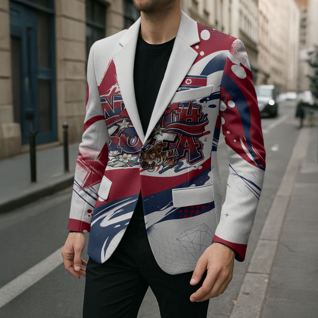 North Korea Flag Day Rise With The Flag Blazer Dynamic Red Star Paint Splatter With Tiger