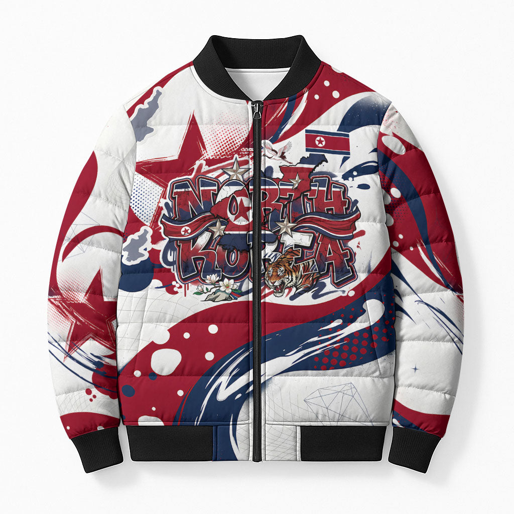 North Korea Flag Day Rise With The Flag Bomber Puffer Jacket Dynamic Red Star Paint Splatter With Tiger