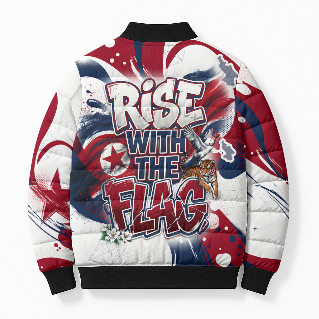 North Korea Flag Day Rise With The Flag Bomber Puffer Jacket Dynamic Red Star Paint Splatter With Tiger