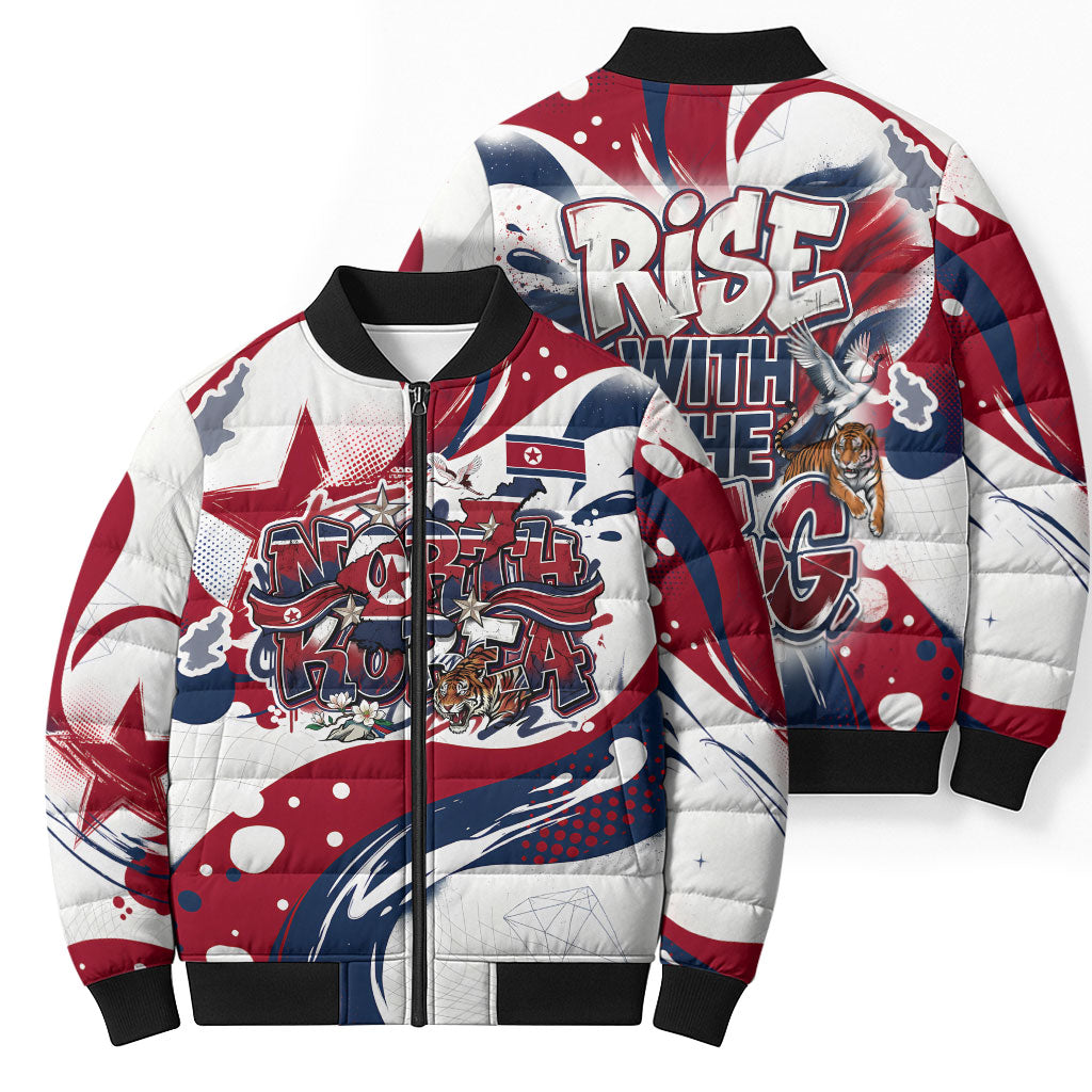 North Korea Flag Day Rise With The Flag Bomber Puffer Jacket Dynamic Red Star Paint Splatter With Tiger