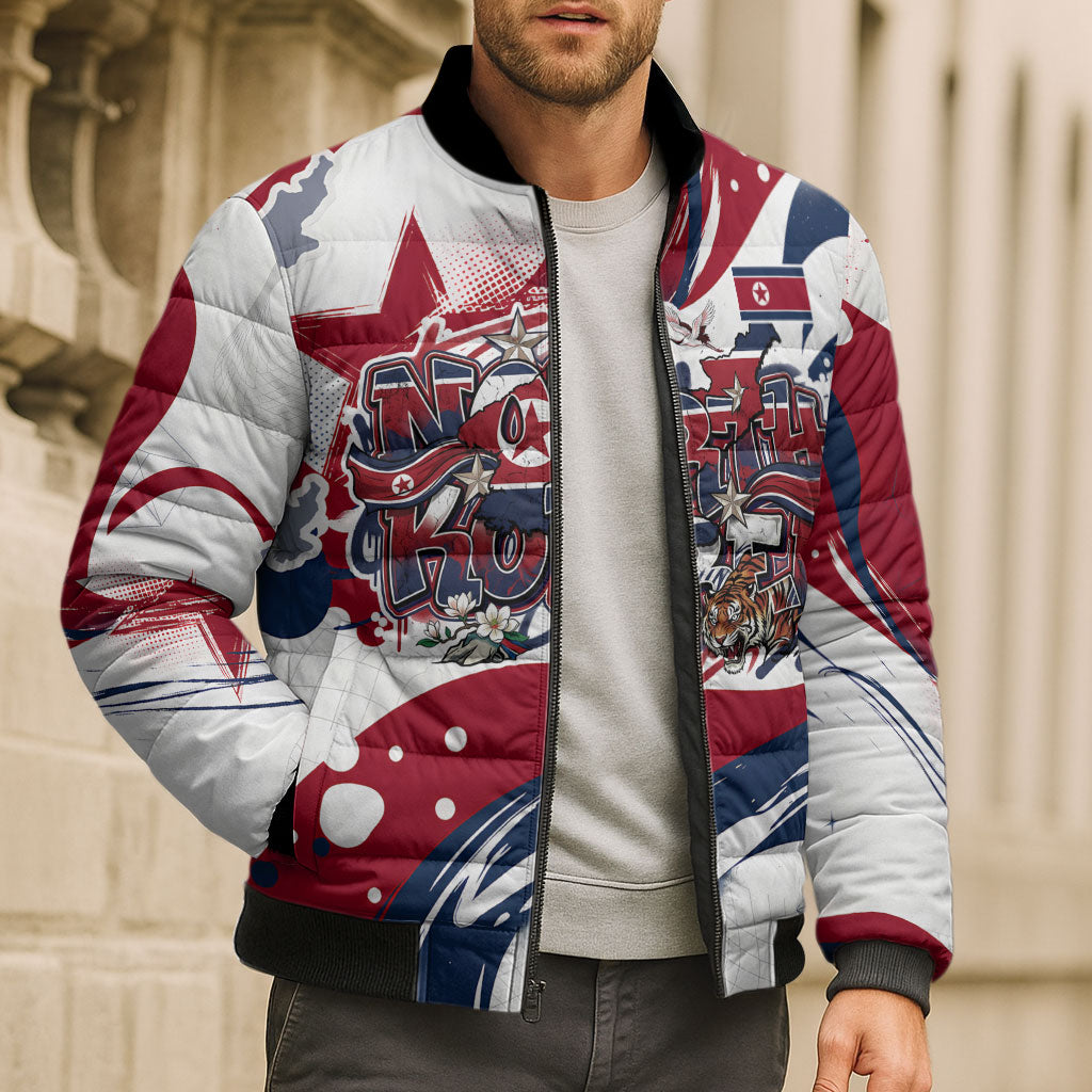 North Korea Flag Day Rise With The Flag Bomber Puffer Jacket Dynamic Red Star Paint Splatter With Tiger