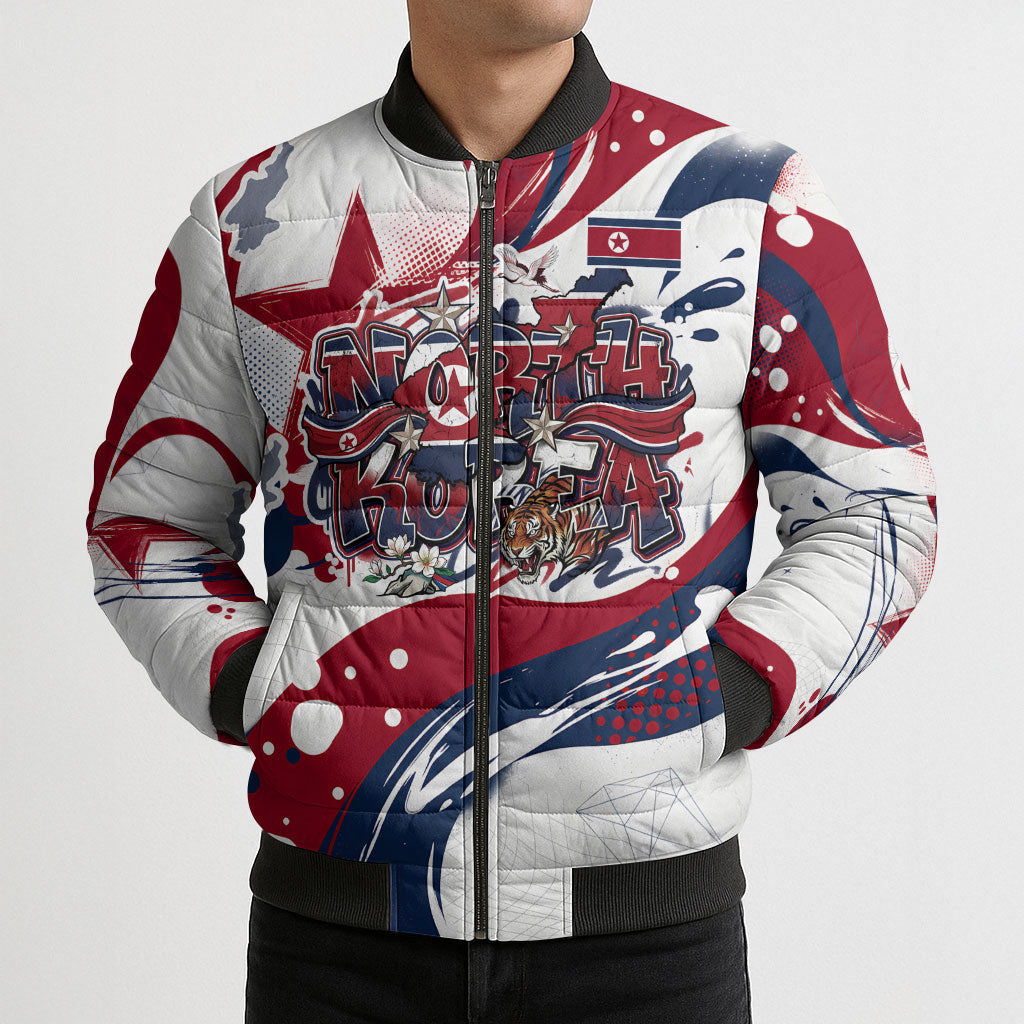 North Korea Flag Day Rise With The Flag Bomber Puffer Jacket Dynamic Red Star Paint Splatter With Tiger