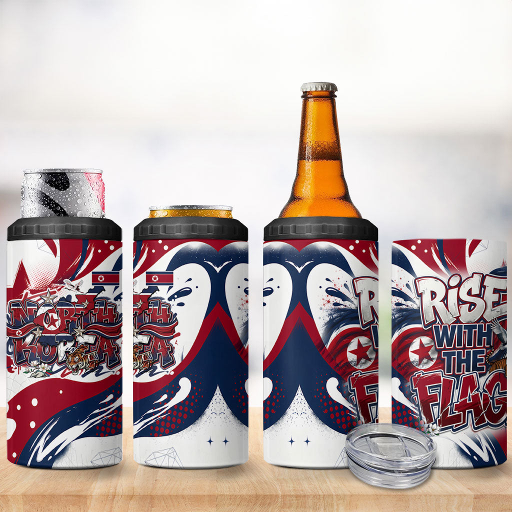 North Korea Flag Day Rise With The Flag 4 in 1 Can Cooler Tumbler Dynamic Red Star Paint Splatter With Tiger