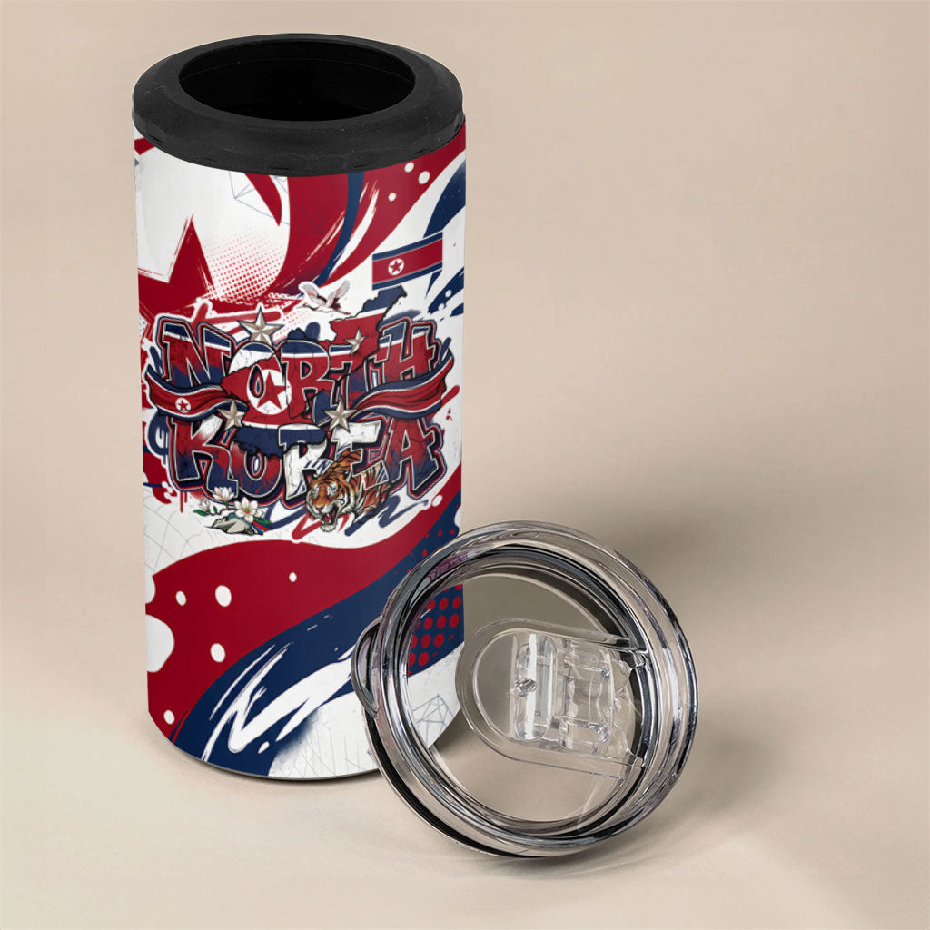 North Korea Flag Day Rise With The Flag 4 in 1 Can Cooler Tumbler Dynamic Red Star Paint Splatter With Tiger