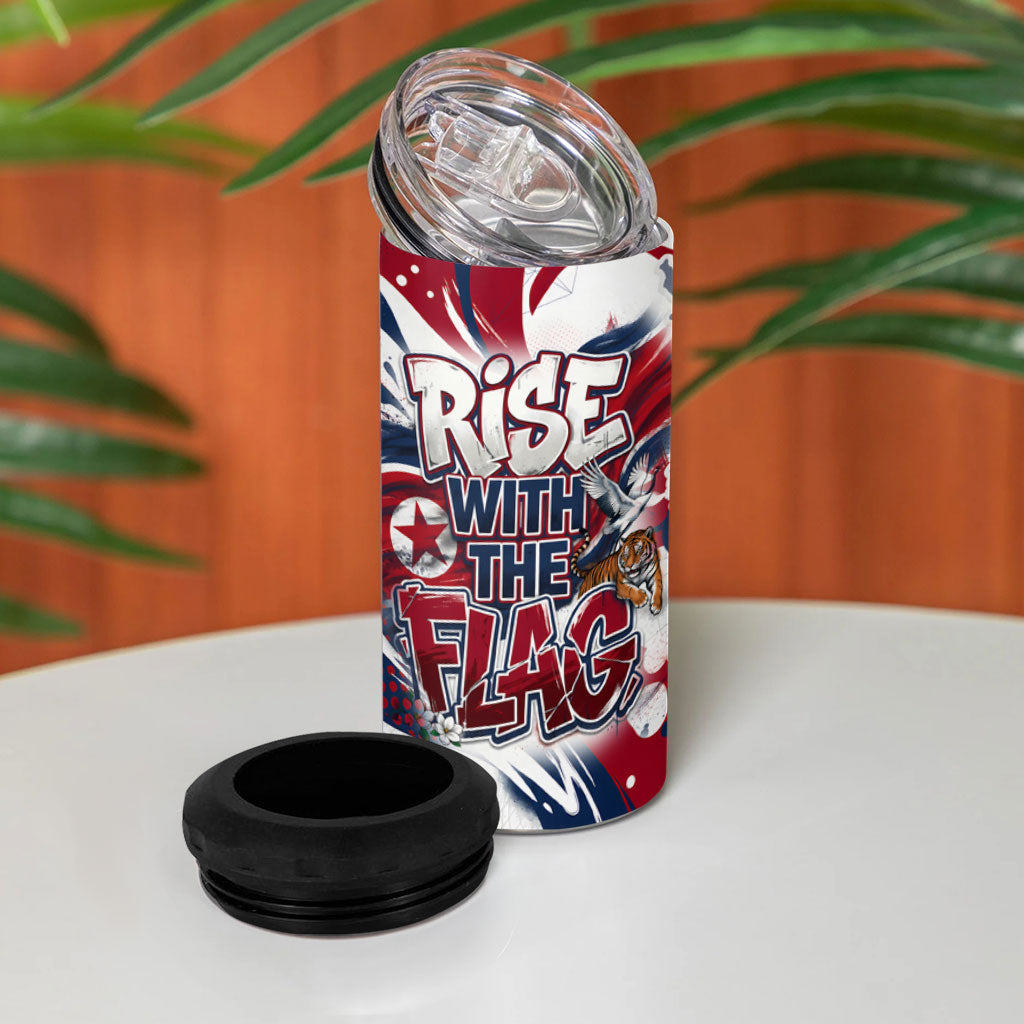 North Korea Flag Day Rise With The Flag 4 in 1 Can Cooler Tumbler Dynamic Red Star Paint Splatter With Tiger