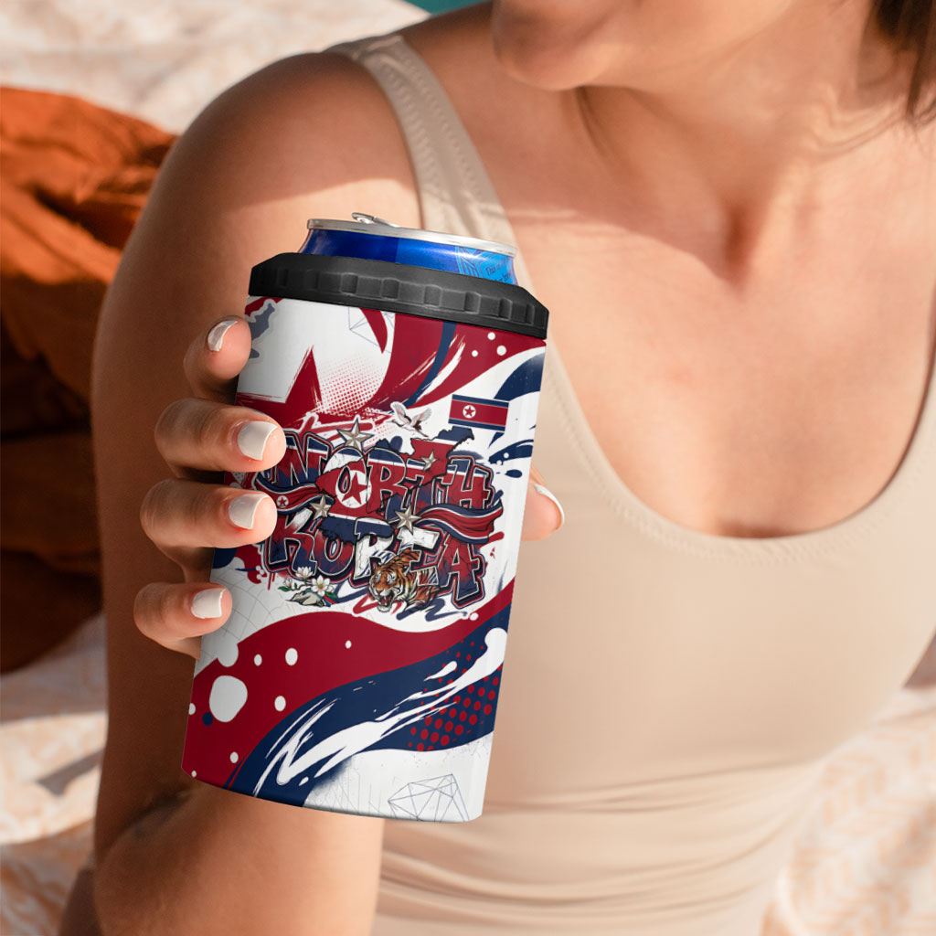 North Korea Flag Day Rise With The Flag 4 in 1 Can Cooler Tumbler Dynamic Red Star Paint Splatter With Tiger