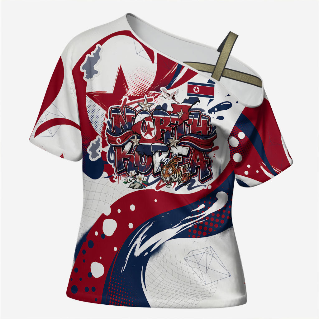 North Korea Flag Day Rise With The Flag Cross Shoulder Shirt Dynamic Red Star Paint Splatter With Tiger