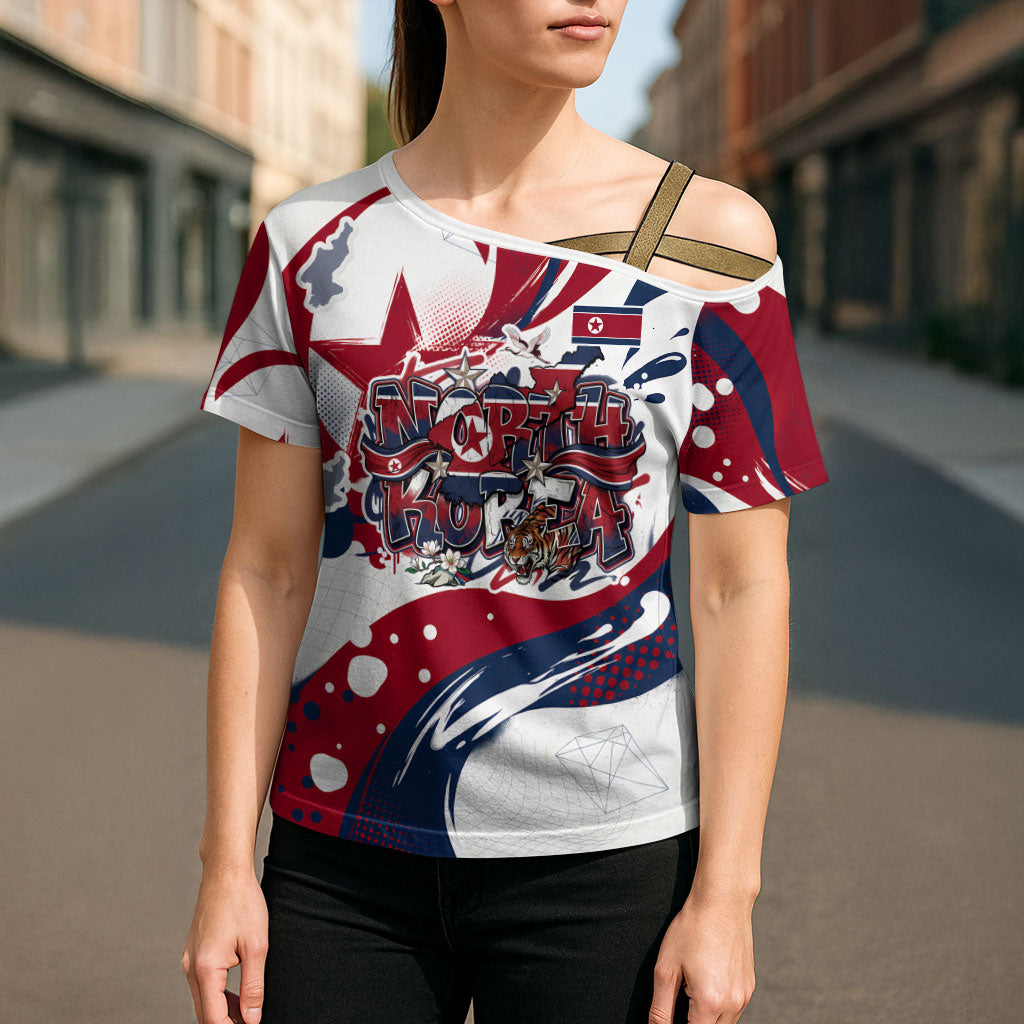 North Korea Flag Day Rise With The Flag Cross Shoulder Shirt Dynamic Red Star Paint Splatter With Tiger