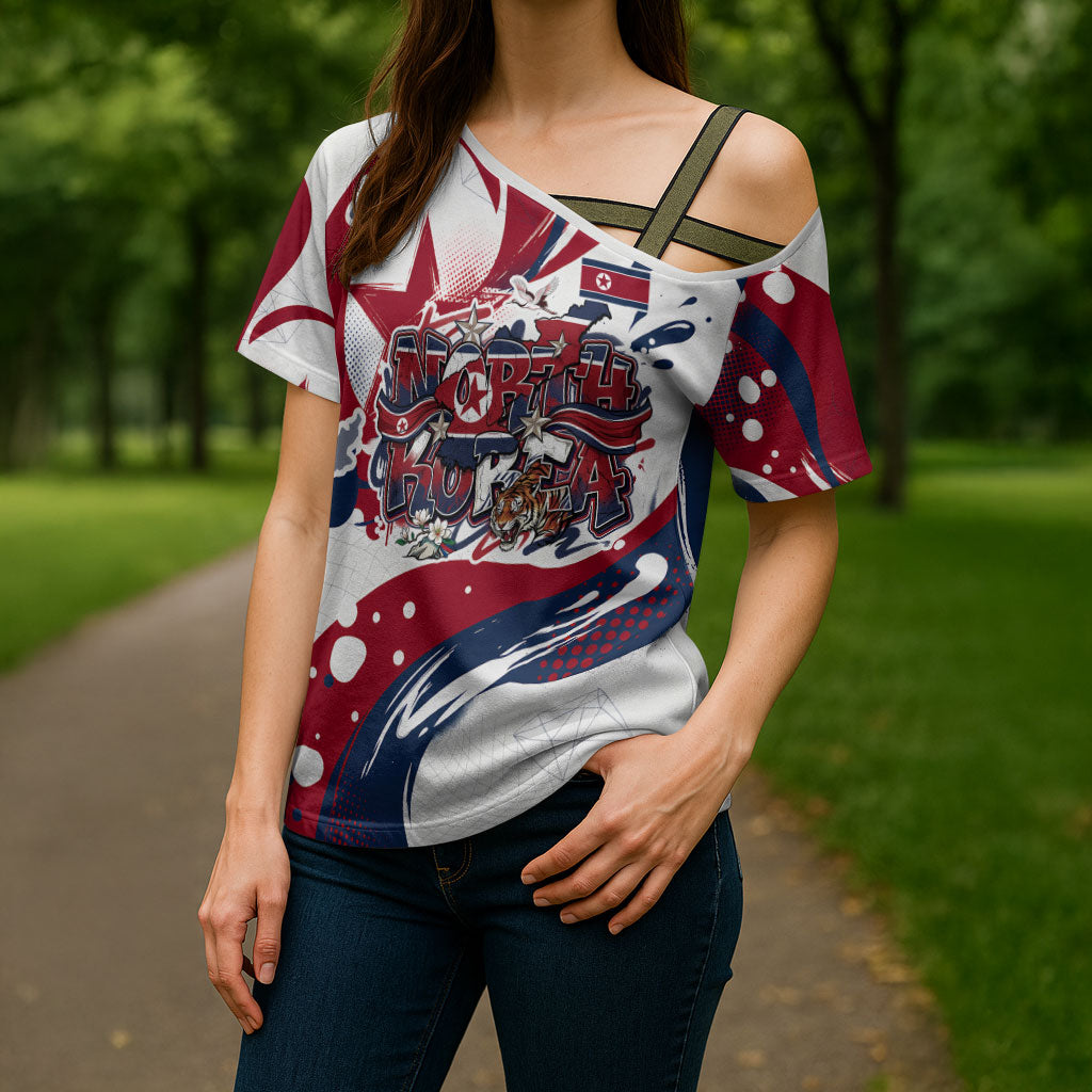 North Korea Flag Day Rise With The Flag Cross Shoulder Shirt Dynamic Red Star Paint Splatter With Tiger