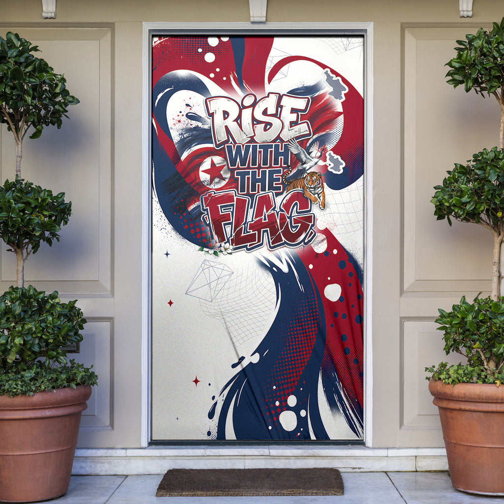 North Korea Flag Day Rise With The Flag Door Cover Dynamic Red Star Paint Splatter With Tiger