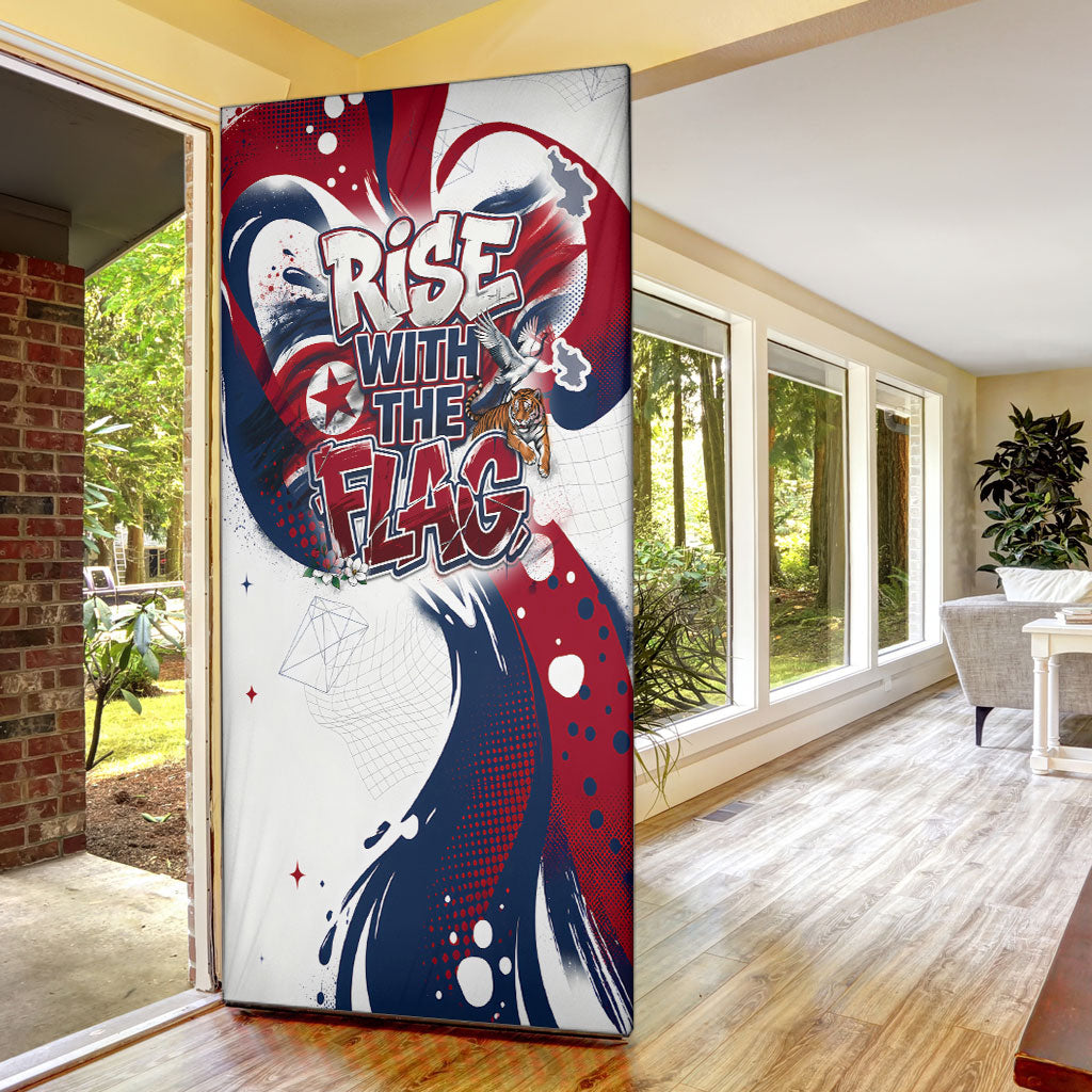 North Korea Flag Day Rise With The Flag Door Cover Dynamic Red Star Paint Splatter With Tiger