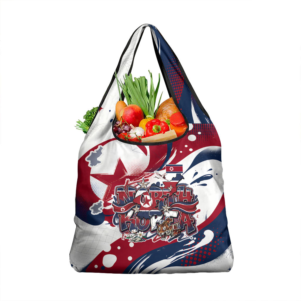 North Korea Flag Day Rise With The Flag Grocery Bag Dynamic Red Star Paint Splatter With Tiger