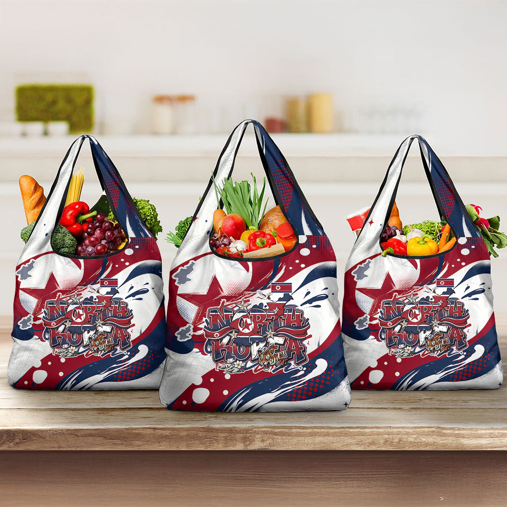 North Korea Flag Day Rise With The Flag Grocery Bag Dynamic Red Star Paint Splatter With Tiger