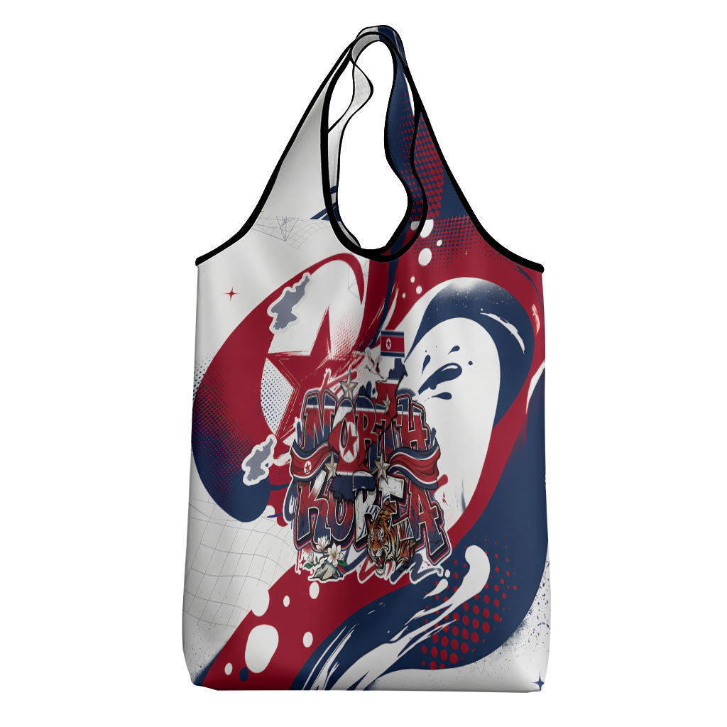 North Korea Flag Day Rise With The Flag Grocery Bag Dynamic Red Star Paint Splatter With Tiger