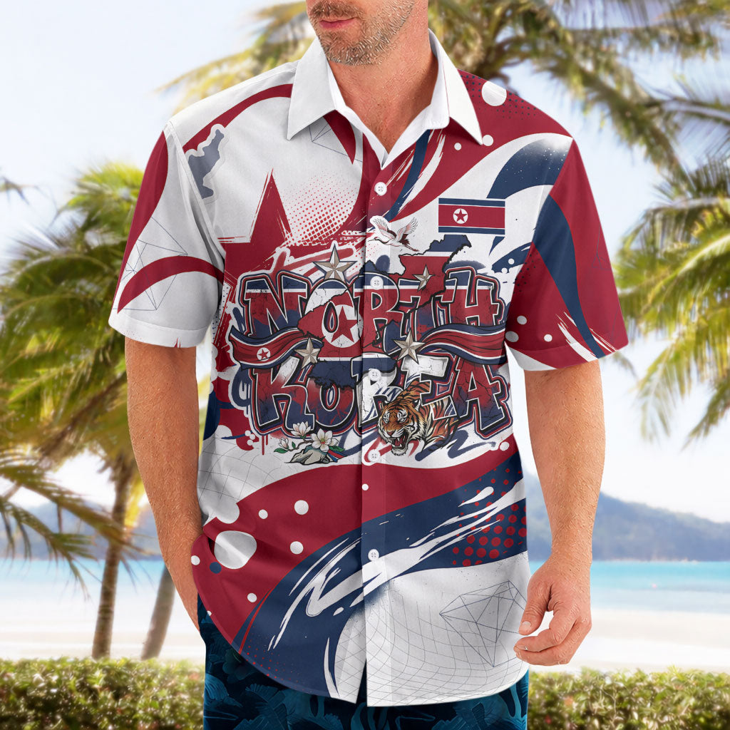 North Korea Flag Day Rise With The Flag Hawaiian Shirt Dynamic Red Star Paint Splatter With Tiger