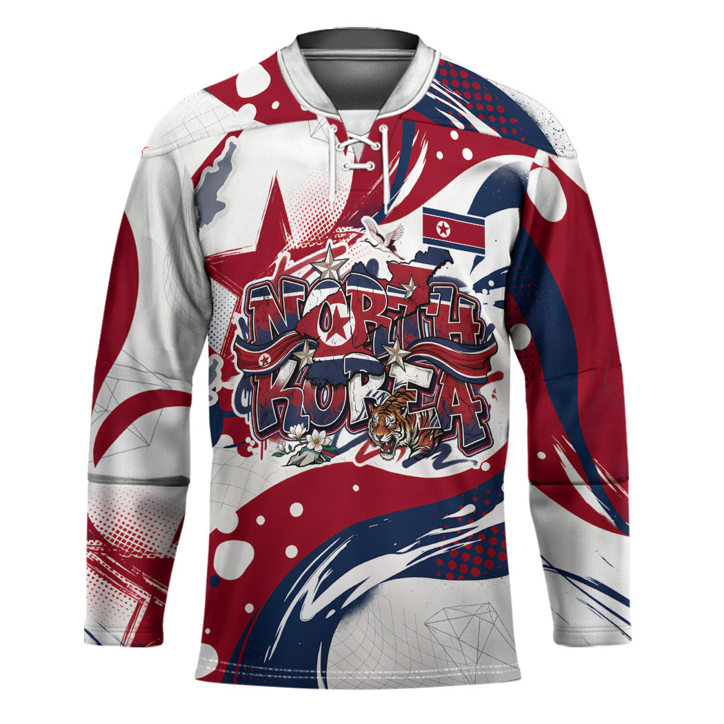 North Korea Flag Day Rise With The Flag Hockey Jersey Dynamic Red Star Paint Splatter With Tiger