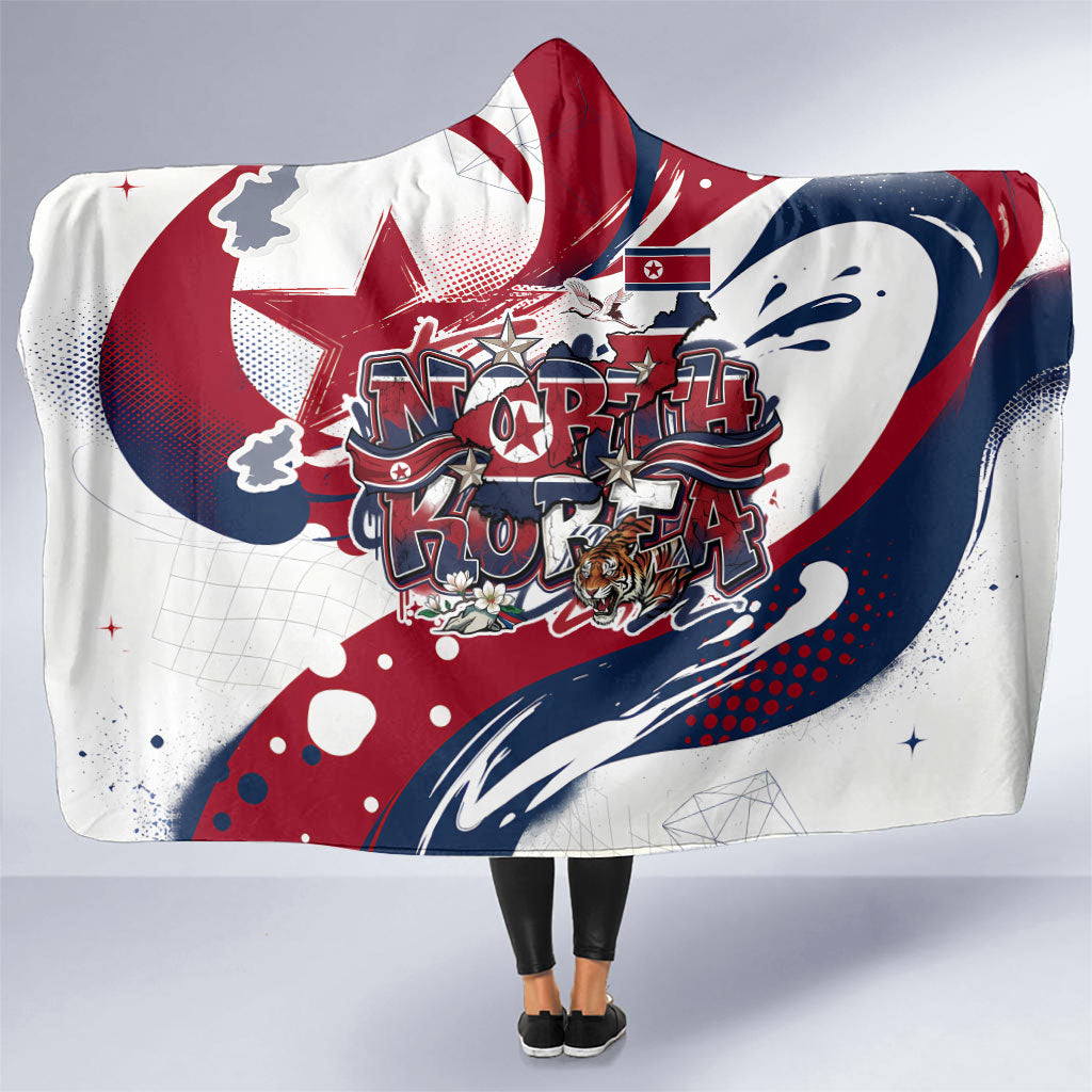 North Korea Flag Day Rise With The Flag Hooded Blanket Dynamic Red Star Paint Splatter With Tiger