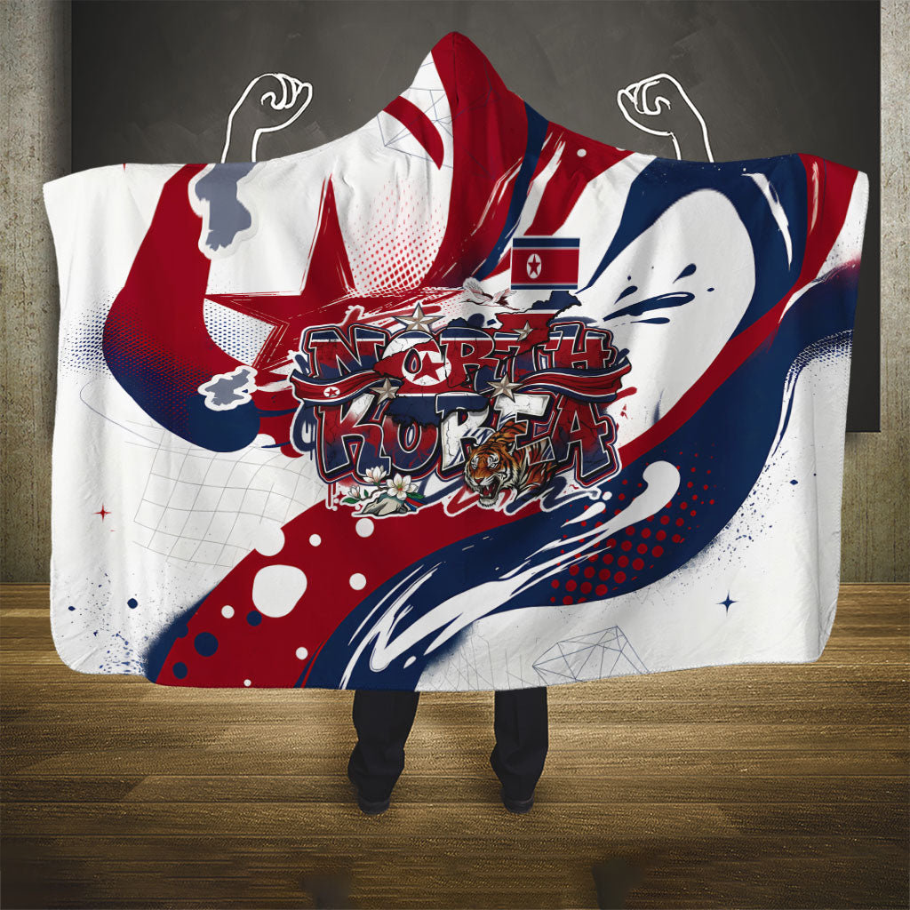 North Korea Flag Day Rise With The Flag Hooded Blanket Dynamic Red Star Paint Splatter With Tiger
