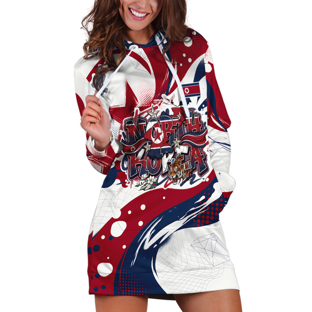 North Korea Flag Day Rise With The Flag Hoodie Dress Dynamic Red Star Paint Splatter With Tiger